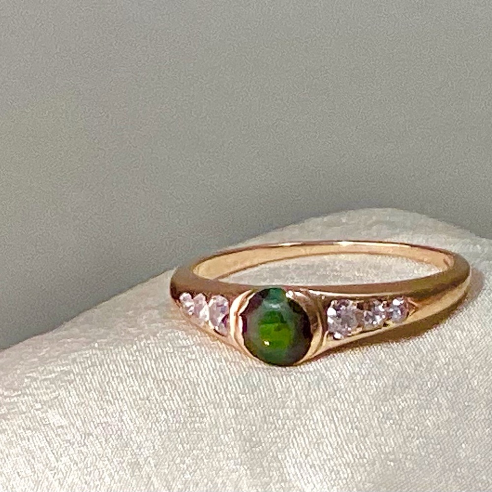 Gold Tourmaline and Diamonds Vintage or Antique Dainty Ring Size 5.5